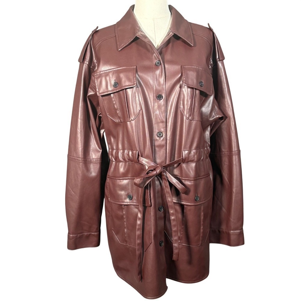Marissa Webb Faux Leather Shacket Burgundy Long Sleeve Oversized Jacket Size 10